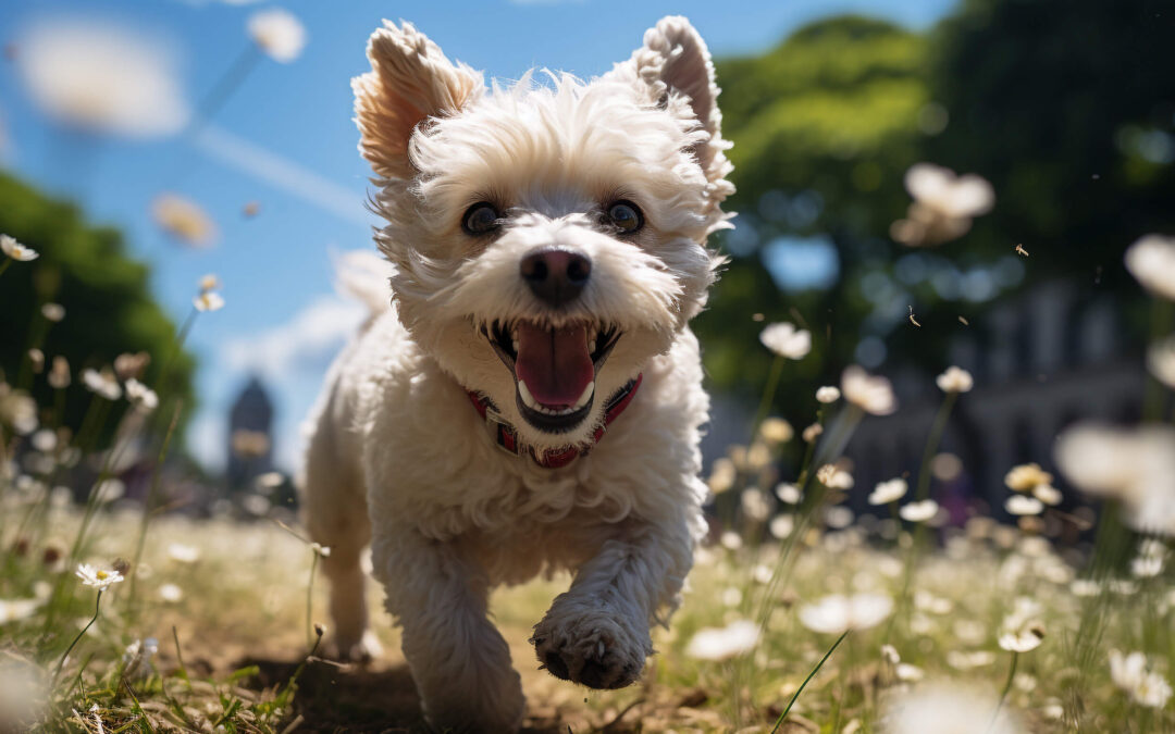 a happy little white dog runs toward camera