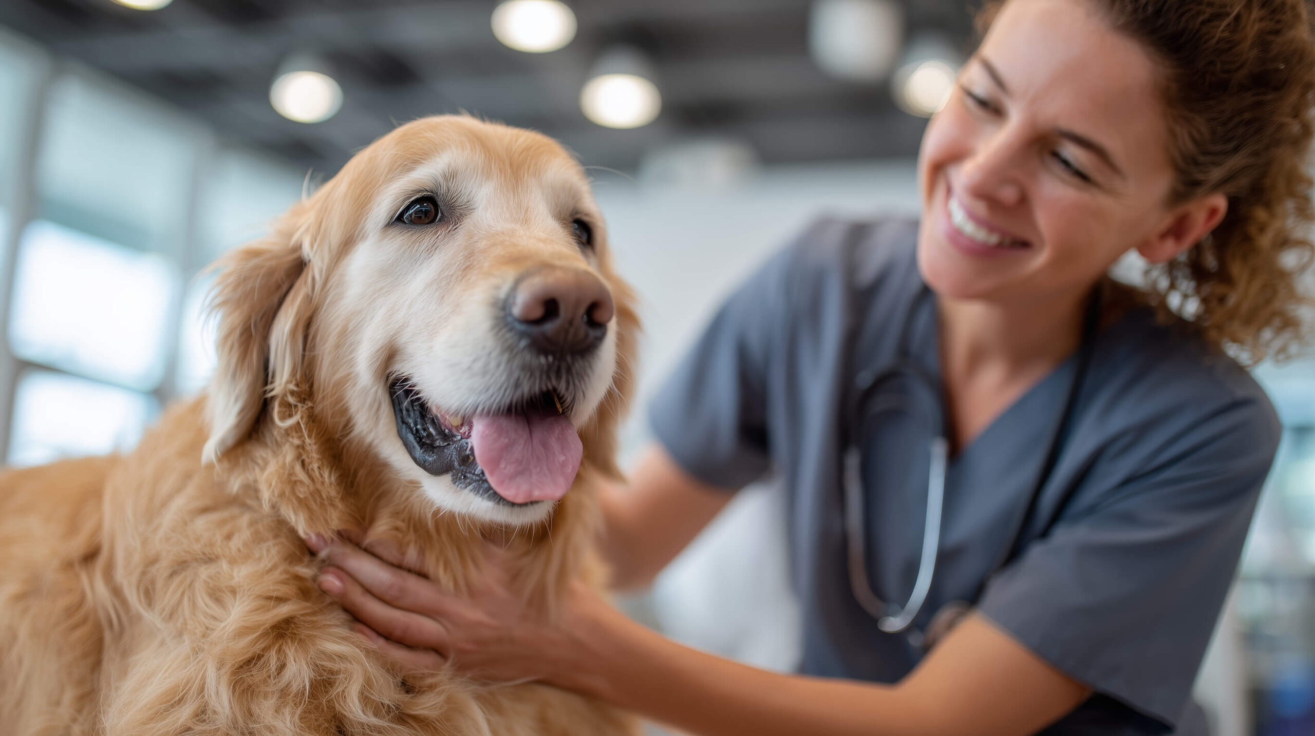 A happy labrador being patted by its vet
